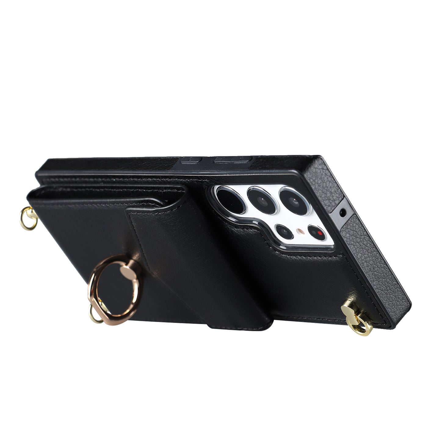 For Samsung Galaxy S24 Ultra Cell Phone Case Accordion Card Bag Ring Kickstand Back Cover - Black
