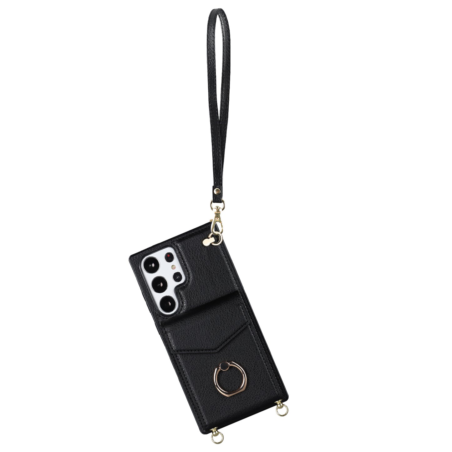 For Samsung Galaxy S24 Ultra Cell Phone Case Accordion Card Bag Ring Kickstand Back Cover - Black