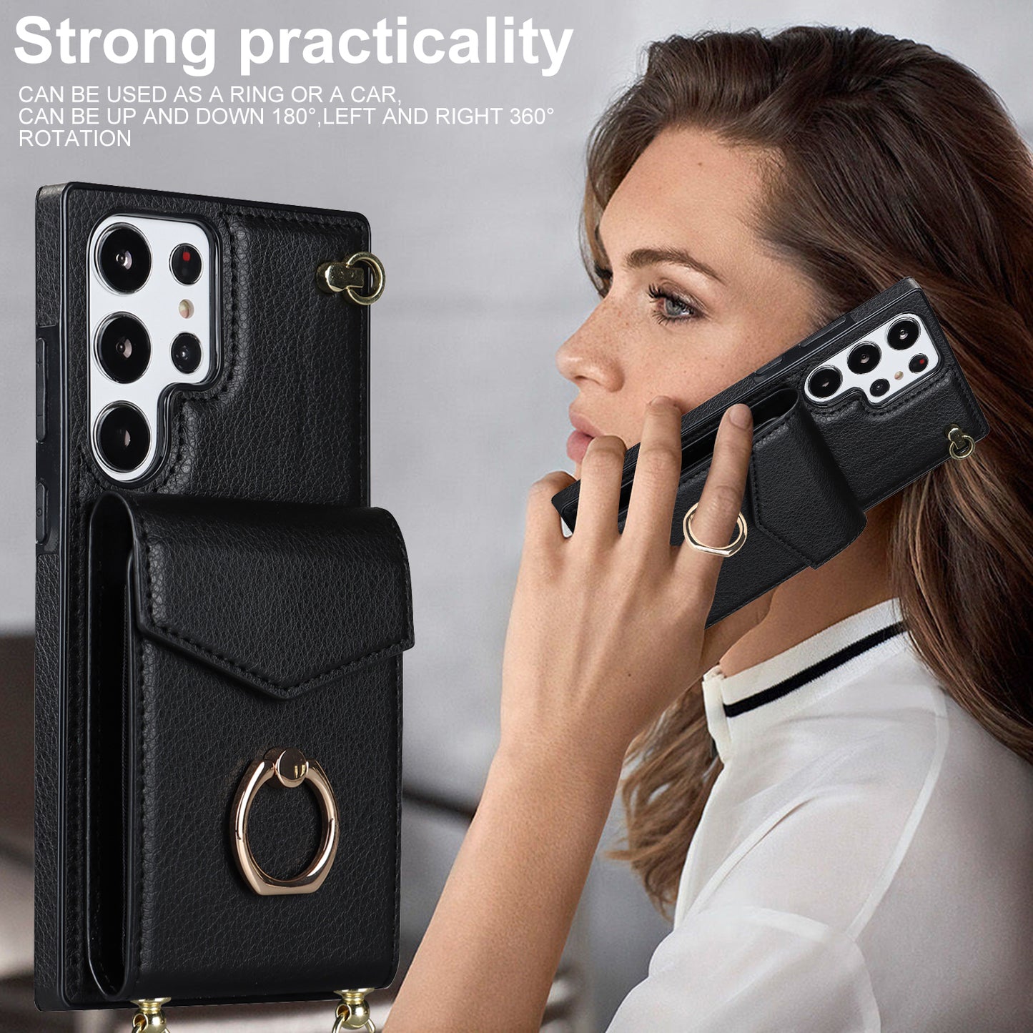 For Samsung Galaxy S24 Ultra Cell Phone Case Accordion Card Bag Ring Kickstand Back Cover - Black