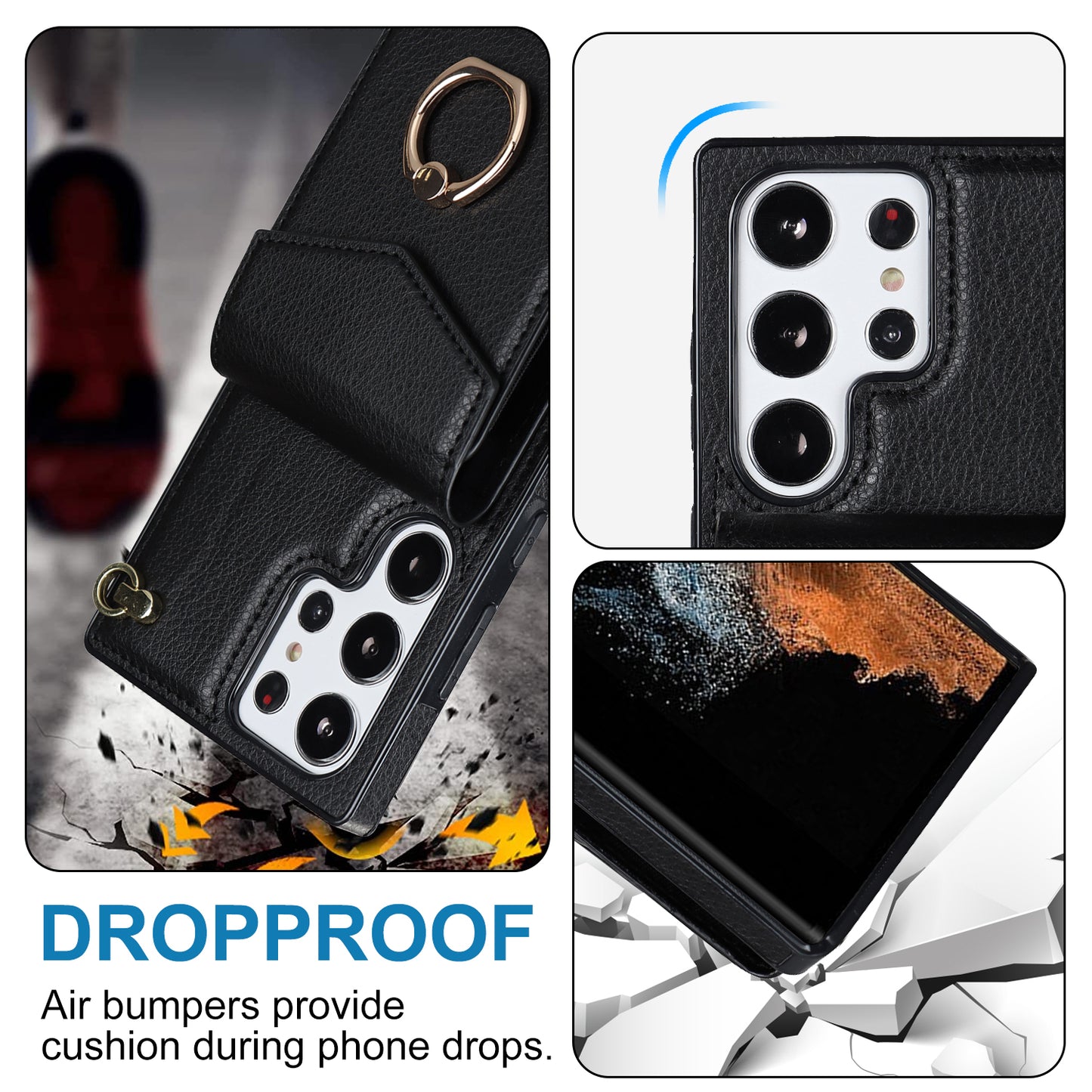 For Samsung Galaxy S24 Ultra Cell Phone Case Accordion Card Bag Ring Kickstand Back Cover - Black
