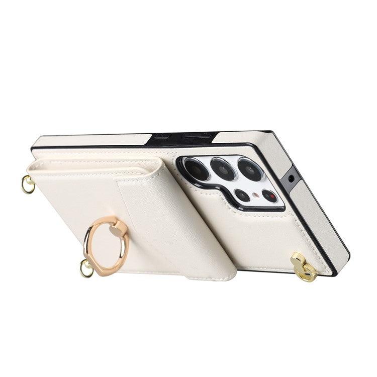 For Samsung Galaxy S23 Ultra Case PU Leather+TPU Kickstand Phone Cover with Shoulder and Wrist Straps - Beige