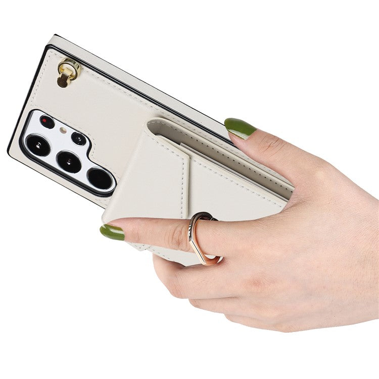 For Samsung Galaxy S23 Ultra Case PU Leather+TPU Kickstand Phone Cover with Shoulder and Wrist Straps - Beige