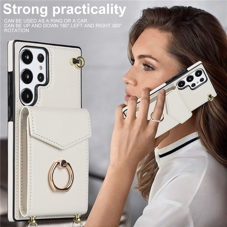 For Samsung Galaxy S23 Ultra Case PU Leather+TPU Kickstand Phone Cover with Shoulder and Wrist Straps - Beige