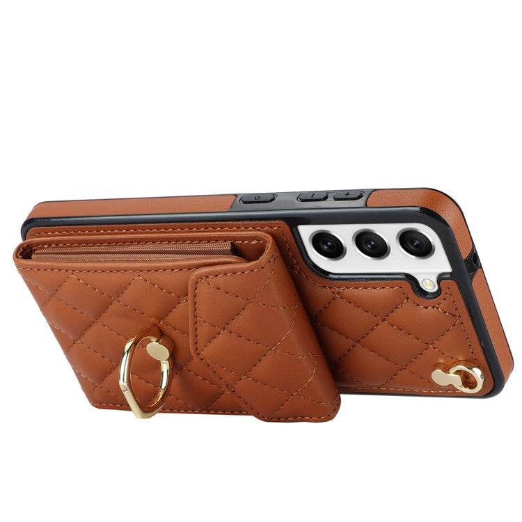 For Samsung Galaxy S21+ 5G Cell Phone Case Card Holder Ring Kickstand PU+TPU Anti-scratch Cover - Brown