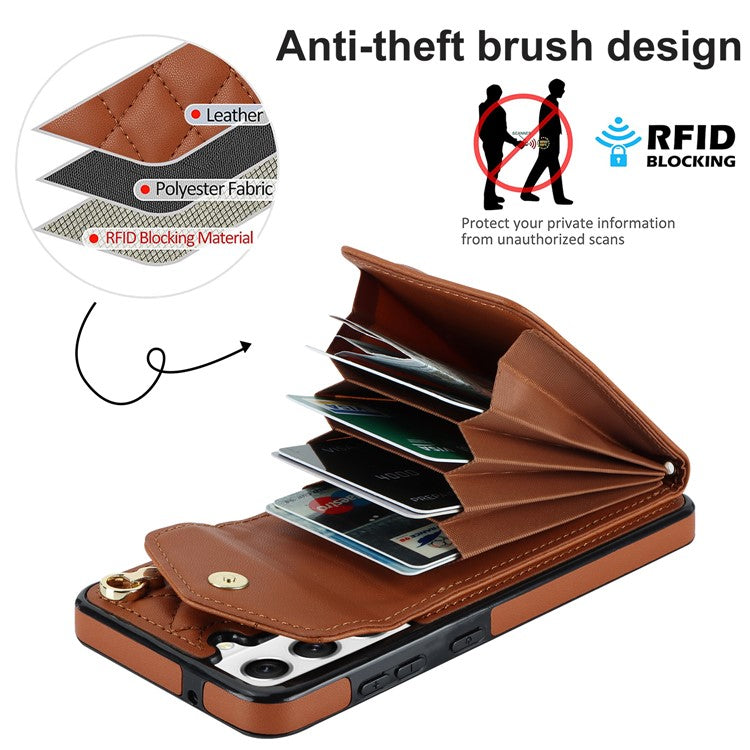 For Samsung Galaxy S21+ 5G Cell Phone Case Card Holder Ring Kickstand PU+TPU Anti-scratch Cover - Brown