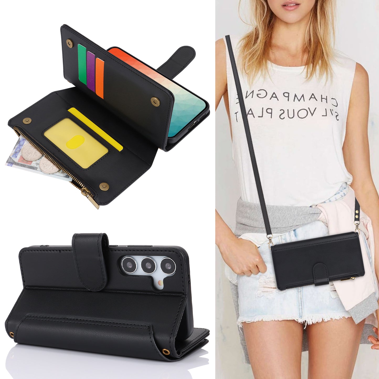 For Samsung Galaxy S24+ Cell Phone Case RFID Blocking Multiple Card Slots Leather Cover - Black