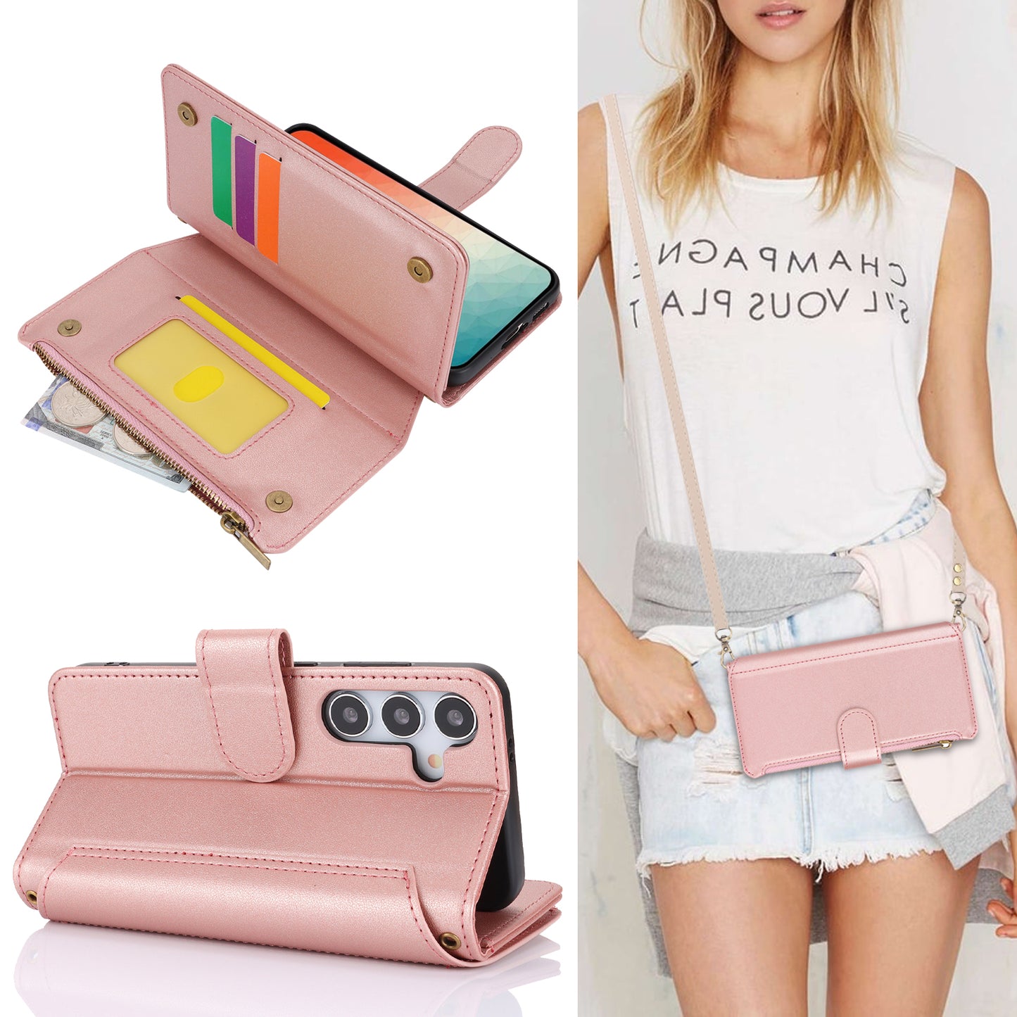 For Samsung Galaxy S24+ Cell Phone Case RFID Blocking Multiple Card Slots Leather Cover - Rose Gold