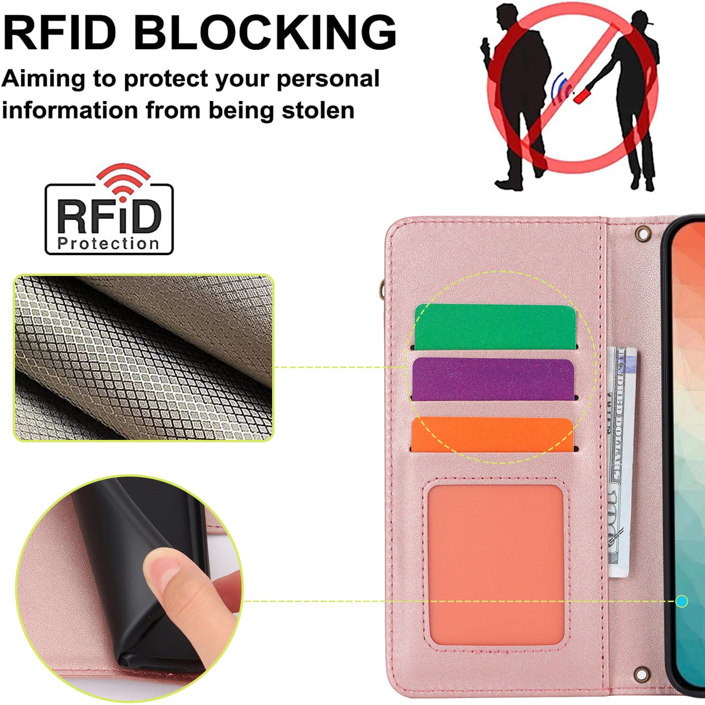 For Samsung Galaxy S24+ Cell Phone Case RFID Blocking Multiple Card Slots Leather Cover - Rose Gold