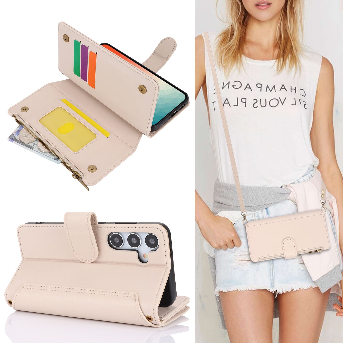 For Samsung Galaxy S24+ Cell Phone Case RFID Blocking Multiple Card Slots Leather Cover - White