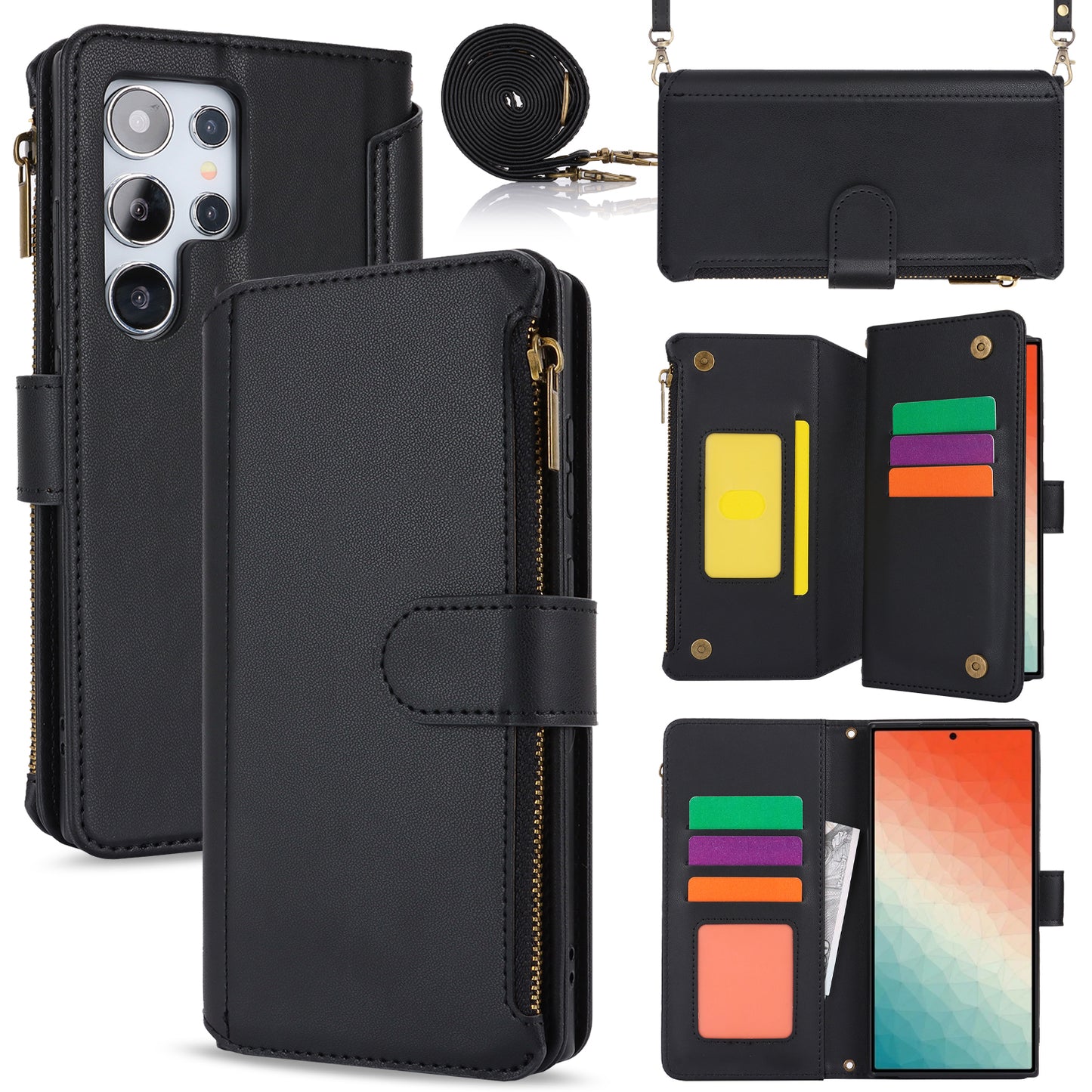 For Samsung Galaxy S24 Ultra Cell Phone Stand Case RFID Blocking Leather Flip Cover - Black