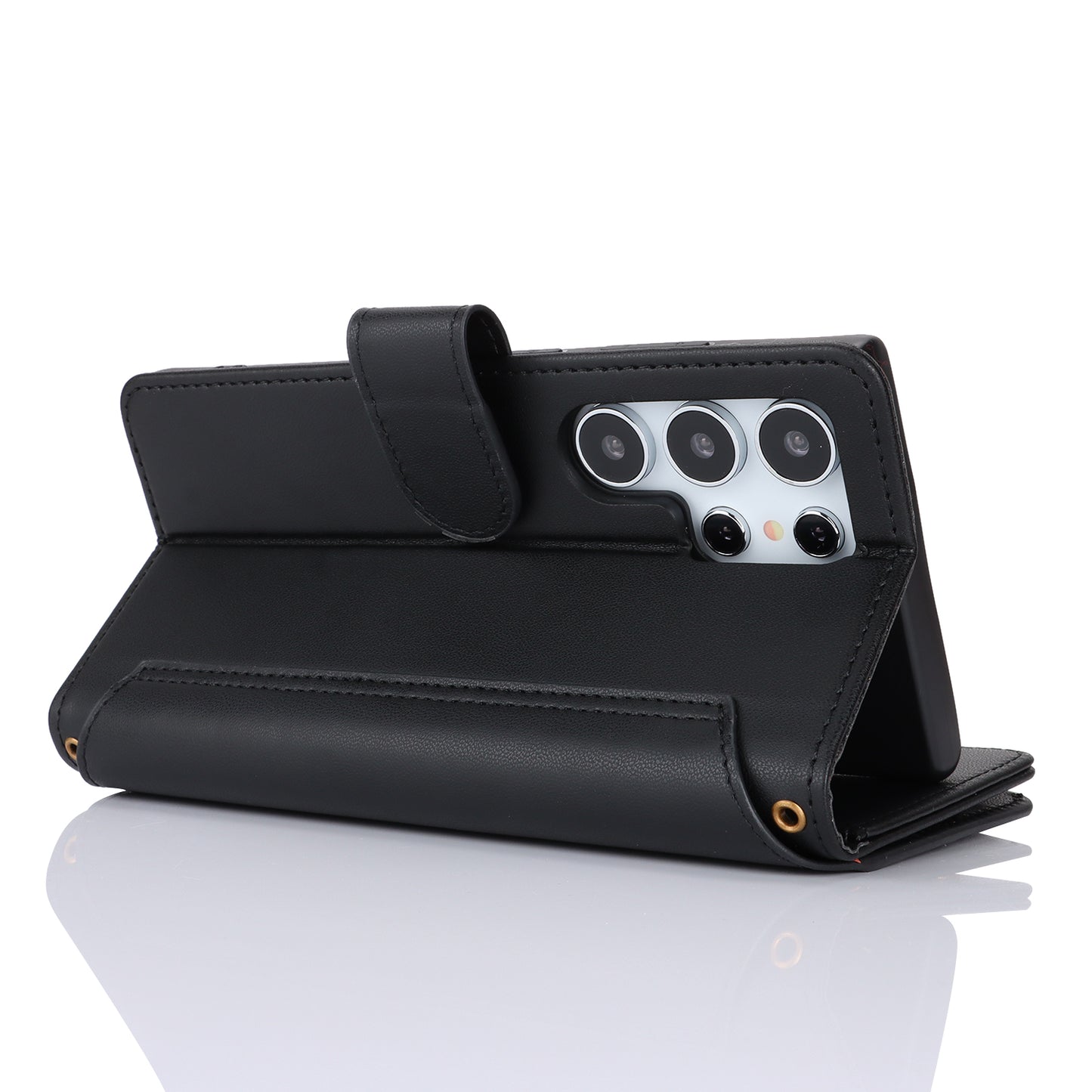 For Samsung Galaxy S24 Ultra Cell Phone Stand Case RFID Blocking Leather Flip Cover - Black