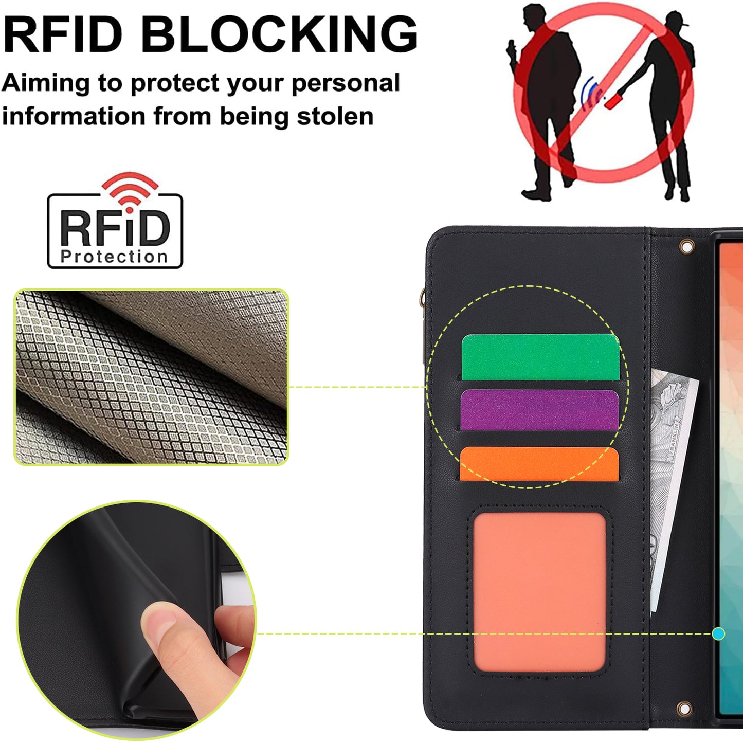 For Samsung Galaxy S24 Ultra Cell Phone Stand Case RFID Blocking Leather Flip Cover - Black