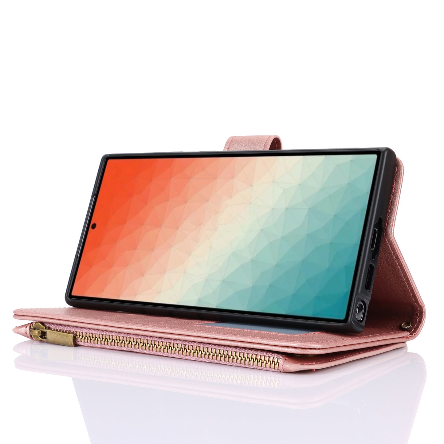 For Samsung Galaxy S24 Ultra Cell Phone Stand Case RFID Blocking Leather Flip Cover - Rose Gold
