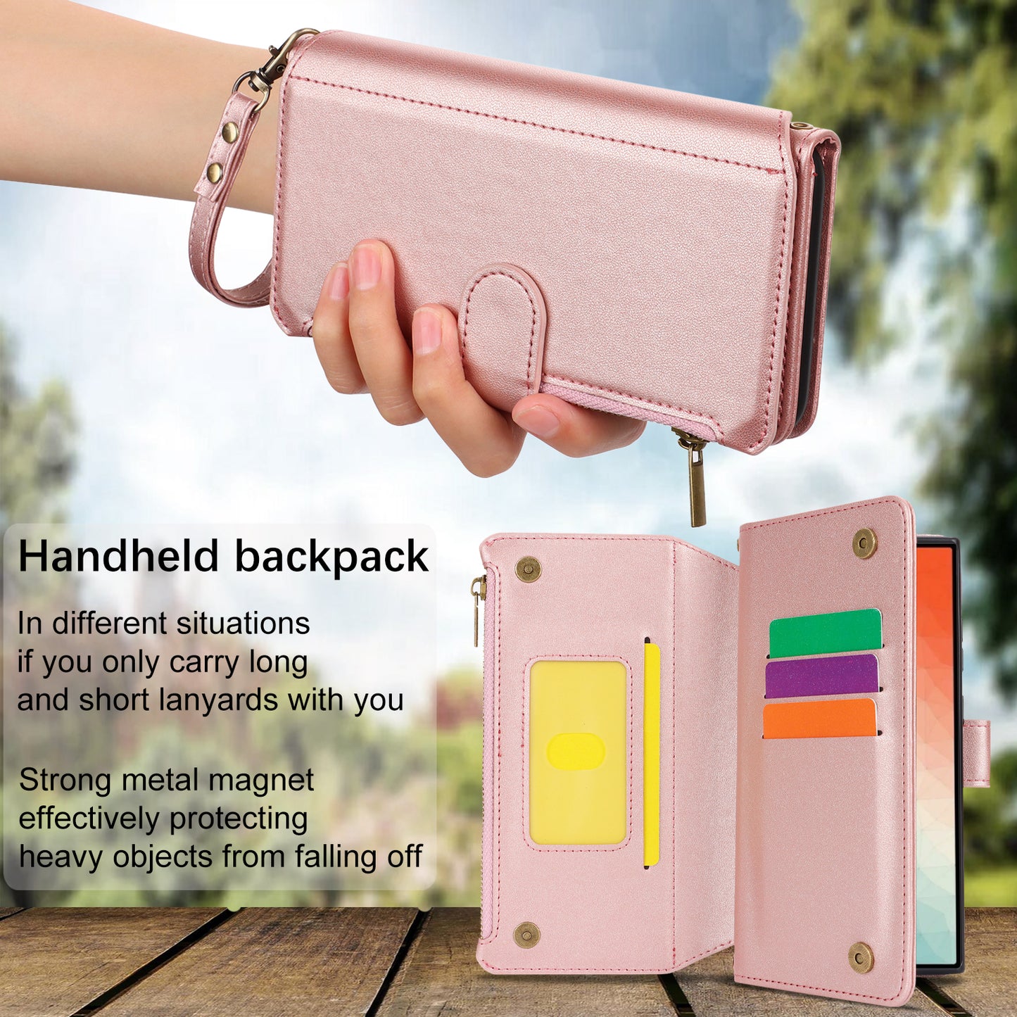 For Samsung Galaxy S24 Ultra Cell Phone Stand Case RFID Blocking Leather Flip Cover - Rose Gold