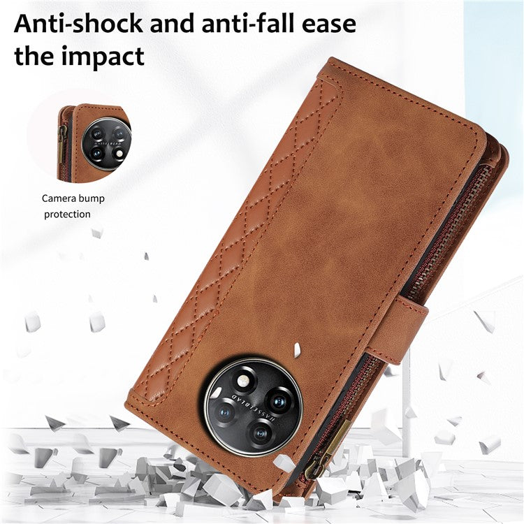 Leather Case for OnePlus 11 5G Shell Rhombus Imprint Zipper Pocket Phone Cover with Hand Strap - Brown