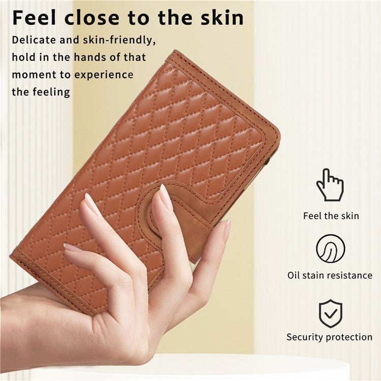 Leather Case for OnePlus 11 5G Shell Rhombus Imprint Zipper Pocket Phone Cover with Hand Strap - Brown