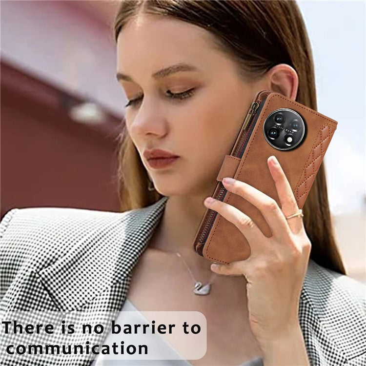 Leather Case for OnePlus 11 5G Shell Rhombus Imprint Zipper Pocket Phone Cover with Hand Strap - Brown