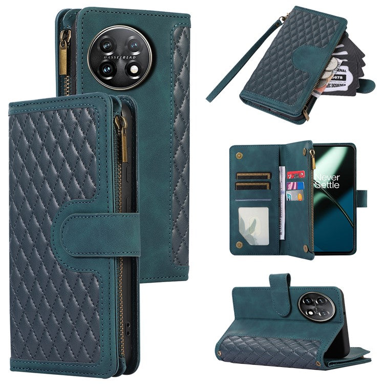 Leather Case for OnePlus 11 5G Shell Rhombus Imprint Zipper Pocket Phone Cover with Hand Strap - Green