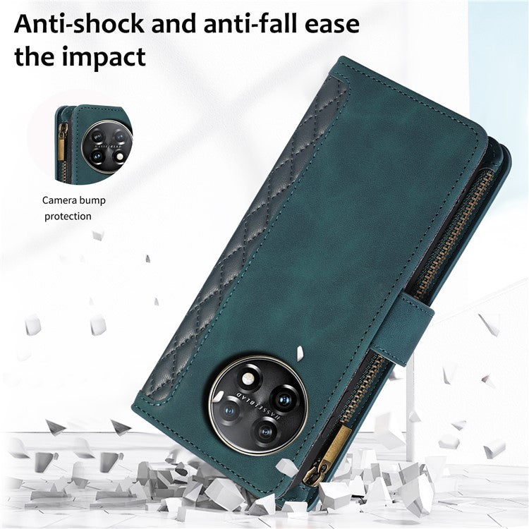 Leather Case for OnePlus 11 5G Shell Rhombus Imprint Zipper Pocket Phone Cover with Hand Strap - Green