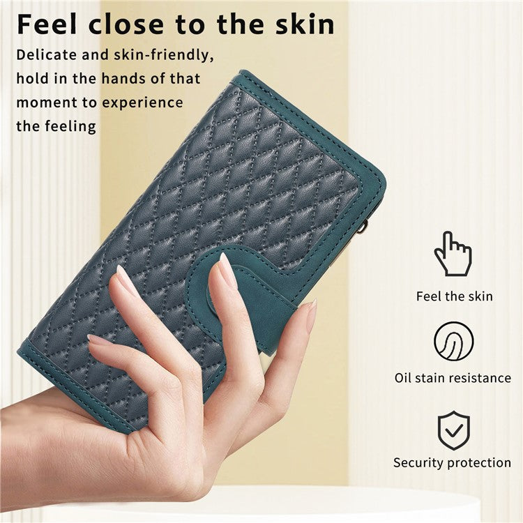 Leather Case for OnePlus 11 5G Shell Rhombus Imprint Zipper Pocket Phone Cover with Hand Strap - Green