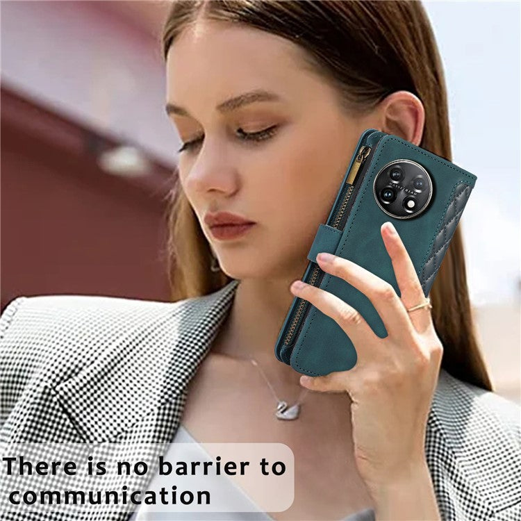 Leather Case for OnePlus 11 5G Shell Rhombus Imprint Zipper Pocket Phone Cover with Hand Strap - Green