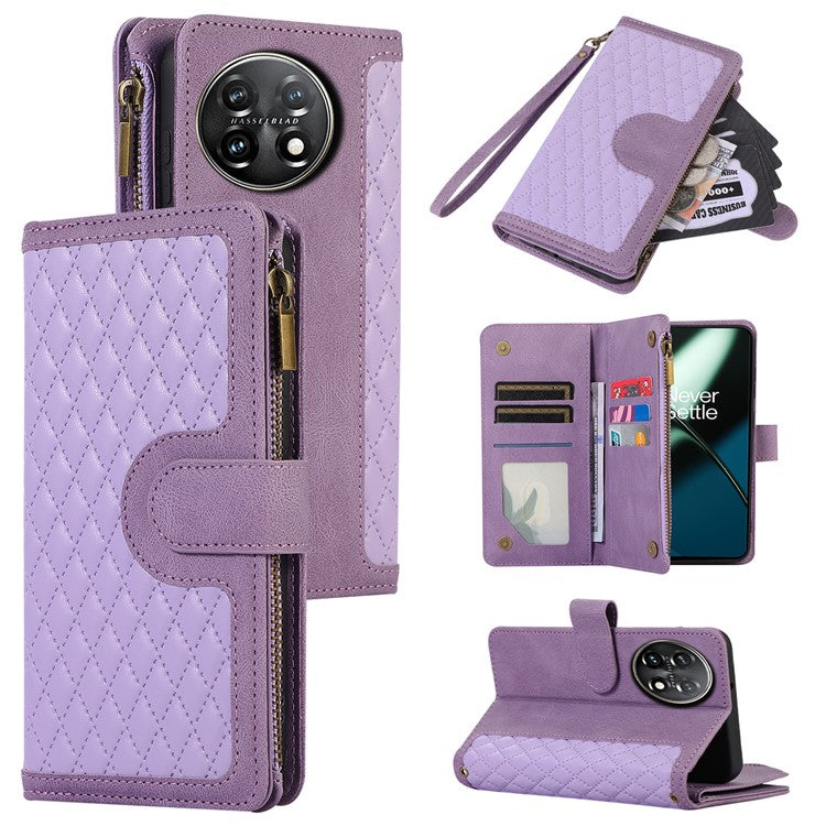 Leather Case for OnePlus 11 5G Shell Rhombus Imprint Zipper Pocket Phone Cover with Hand Strap - Purple
