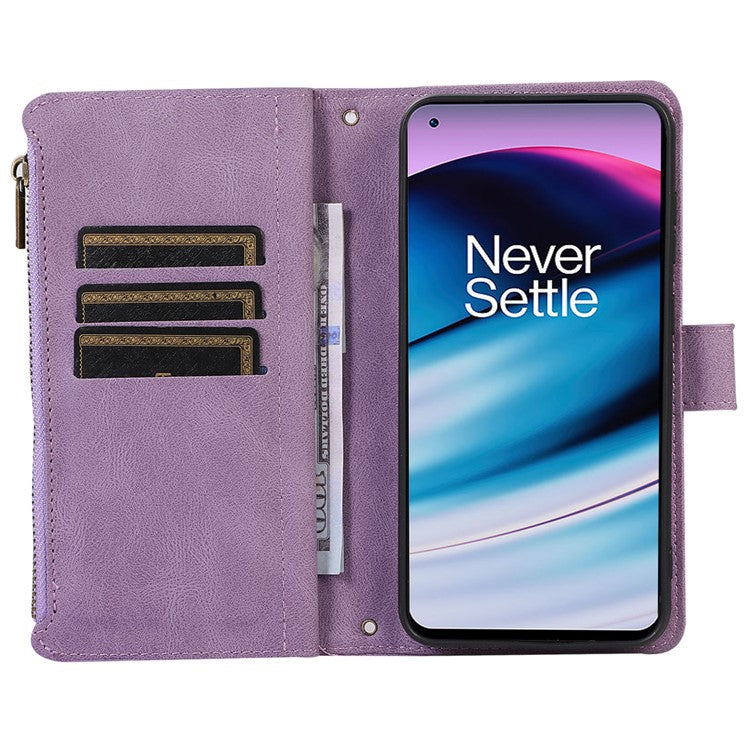 Leather Case for OnePlus 11 5G Shell Rhombus Imprint Zipper Pocket Phone Cover with Hand Strap - Purple