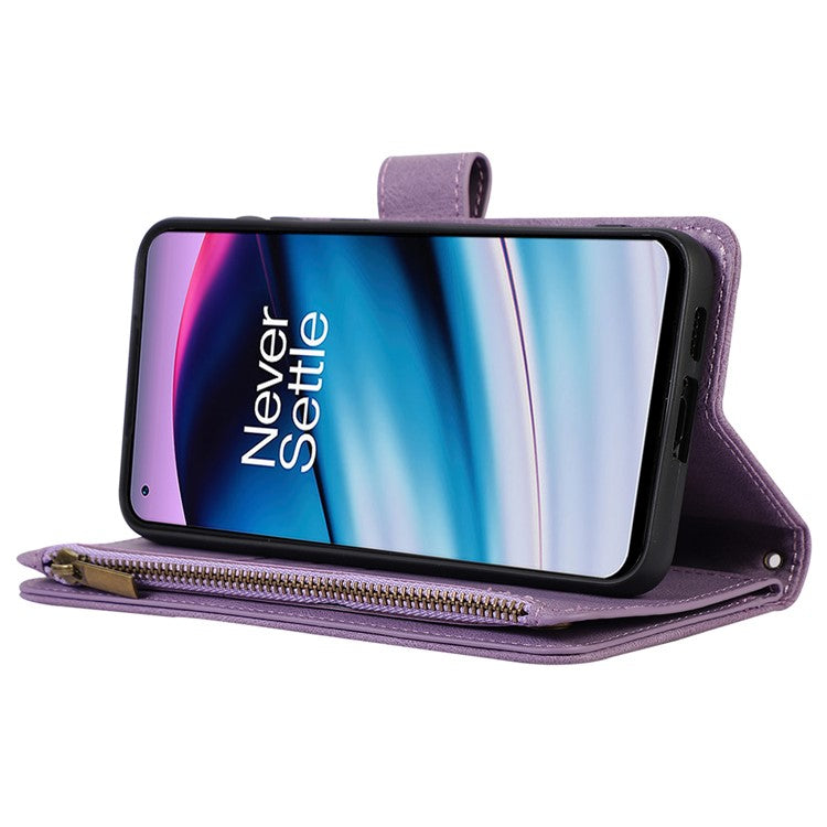 Leather Case for OnePlus 11 5G Shell Rhombus Imprint Zipper Pocket Phone Cover with Hand Strap - Purple