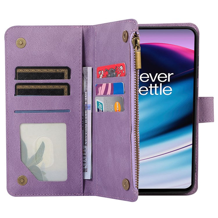 Leather Case for OnePlus 11 5G Shell Rhombus Imprint Zipper Pocket Phone Cover with Hand Strap - Purple