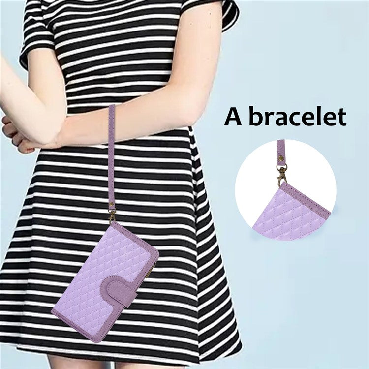 Leather Case for OnePlus 11 5G Shell Rhombus Imprint Zipper Pocket Phone Cover with Hand Strap - Purple