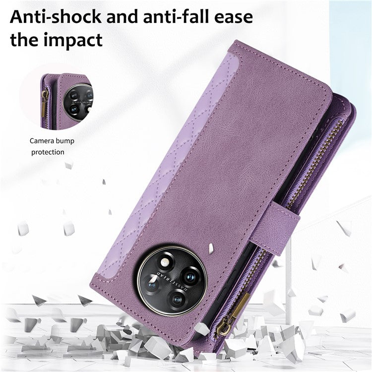 Leather Case for OnePlus 11 5G Shell Rhombus Imprint Zipper Pocket Phone Cover with Hand Strap - Purple