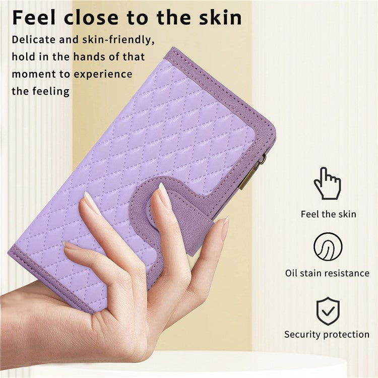 Leather Case for OnePlus 11 5G Shell Rhombus Imprint Zipper Pocket Phone Cover with Hand Strap - Purple