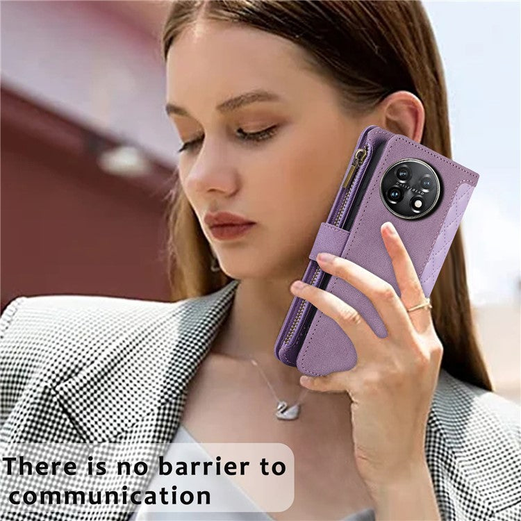 Leather Case for OnePlus 11 5G Shell Rhombus Imprint Zipper Pocket Phone Cover with Hand Strap - Purple