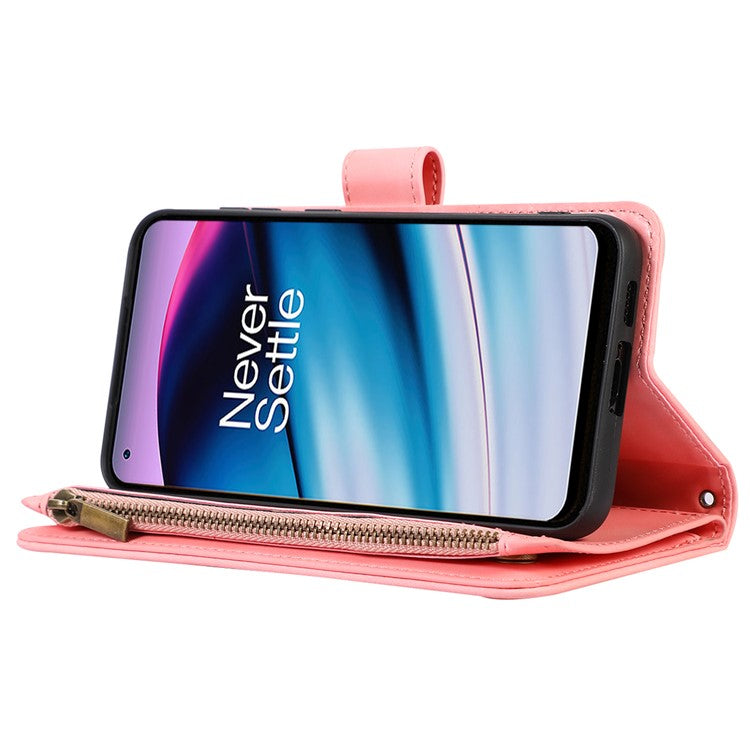 Leather Case for OnePlus 11 5G Shell Rhombus Imprint Zipper Pocket Phone Cover with Hand Strap - Rose Gold