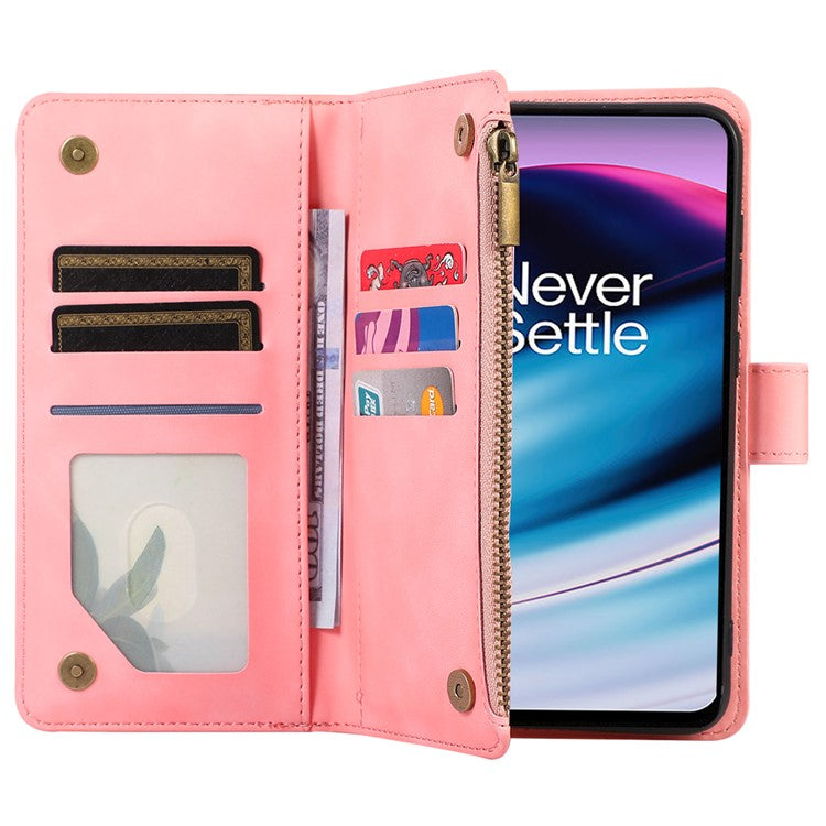 Leather Case for OnePlus 11 5G Shell Rhombus Imprint Zipper Pocket Phone Cover with Hand Strap - Rose Gold