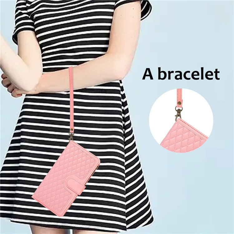 Leather Case for OnePlus 11 5G Shell Rhombus Imprint Zipper Pocket Phone Cover with Hand Strap - Rose Gold