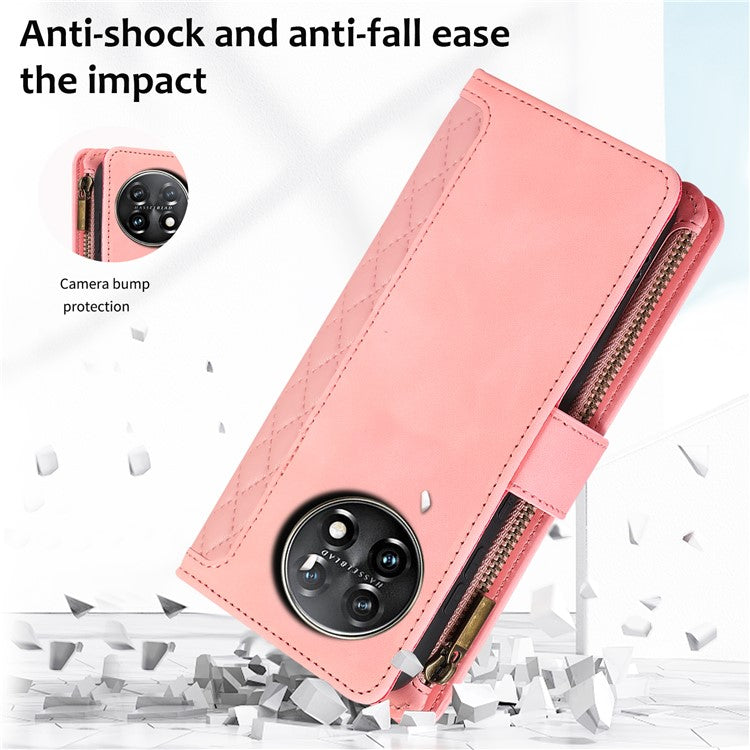 Leather Case for OnePlus 11 5G Shell Rhombus Imprint Zipper Pocket Phone Cover with Hand Strap - Rose Gold