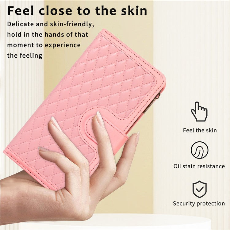 Leather Case for OnePlus 11 5G Shell Rhombus Imprint Zipper Pocket Phone Cover with Hand Strap - Rose Gold