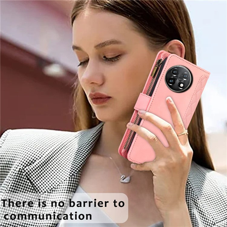 Leather Case for OnePlus 11 5G Shell Rhombus Imprint Zipper Pocket Phone Cover with Hand Strap - Rose Gold