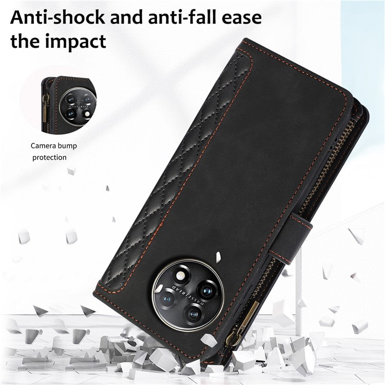 Leather Case for OnePlus 11 5G Shell Rhombus Imprint Zipper Pocket Phone Cover with Hand Strap - Black