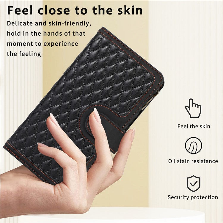Leather Case for OnePlus 11 5G Shell Rhombus Imprint Zipper Pocket Phone Cover with Hand Strap - Black