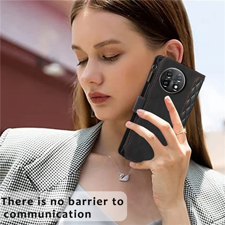 Leather Case for OnePlus 11 5G Shell Rhombus Imprint Zipper Pocket Phone Cover with Hand Strap - Black