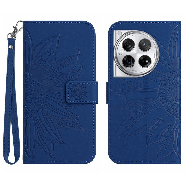 HT04 Wallet Phone Case for OnePlus 12 5G PU Leather Sunflower Pattern Cover with Wrist Strap - Sapphire