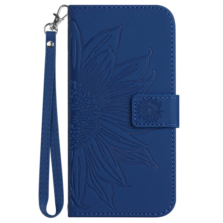 HT04 Wallet Phone Case for OnePlus 12 5G PU Leather Sunflower Pattern Cover with Wrist Strap - Sapphire