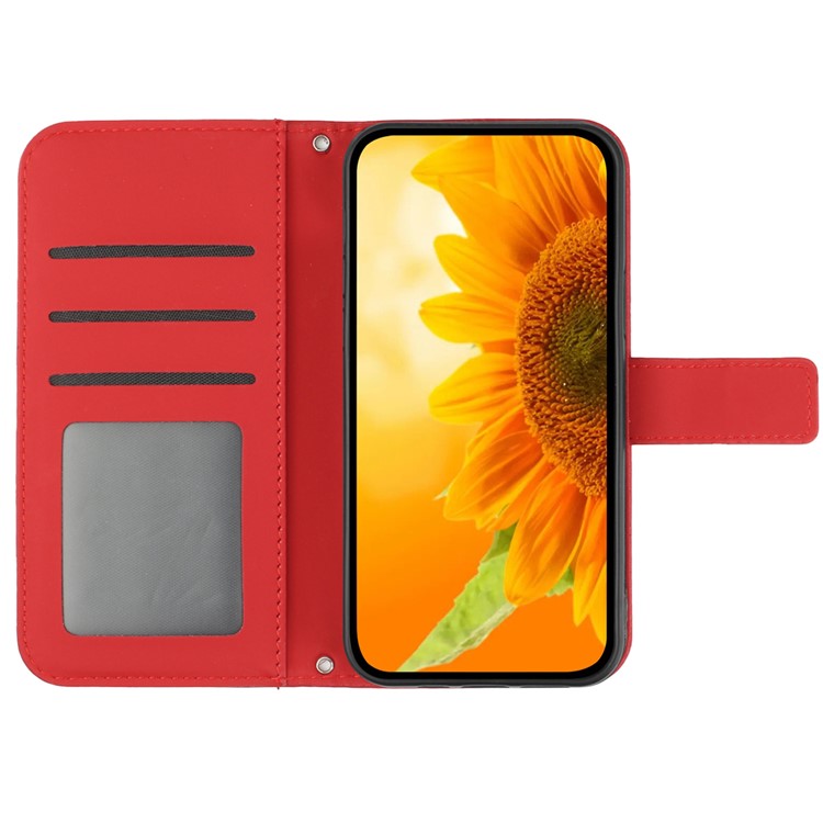 HT04 Wallet Phone Case for OnePlus 12 5G PU Leather Sunflower Pattern Cover with Wrist Strap - Red