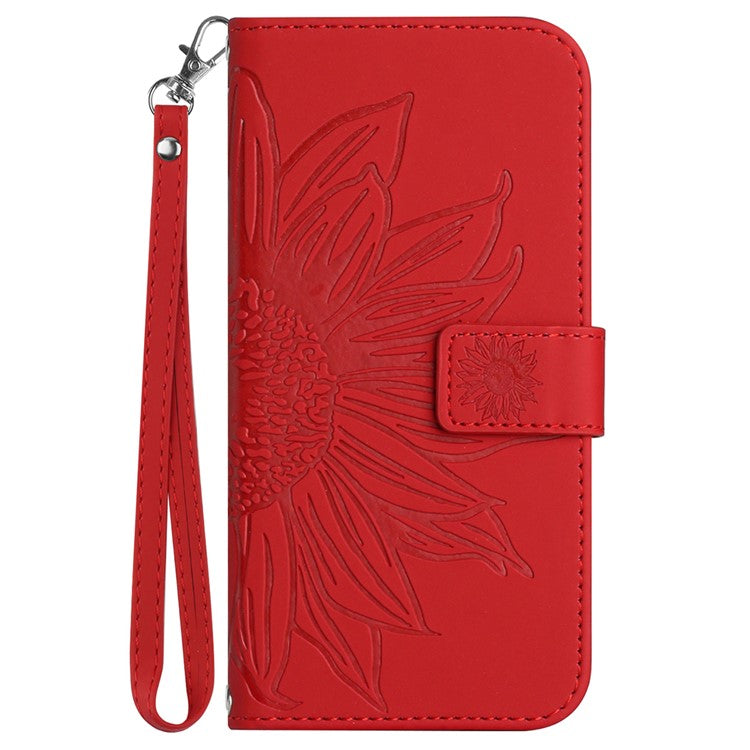 HT04 Wallet Phone Case for OnePlus 12 5G PU Leather Sunflower Pattern Cover with Wrist Strap - Red