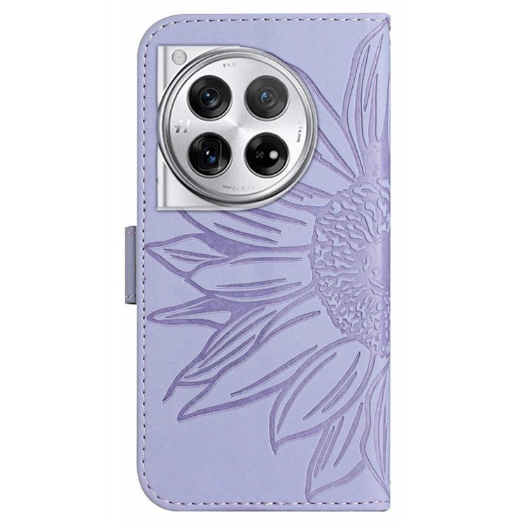 HT04 Wallet Phone Case for OnePlus 12 5G PU Leather Sunflower Pattern Cover with Wrist Strap - Light Purple