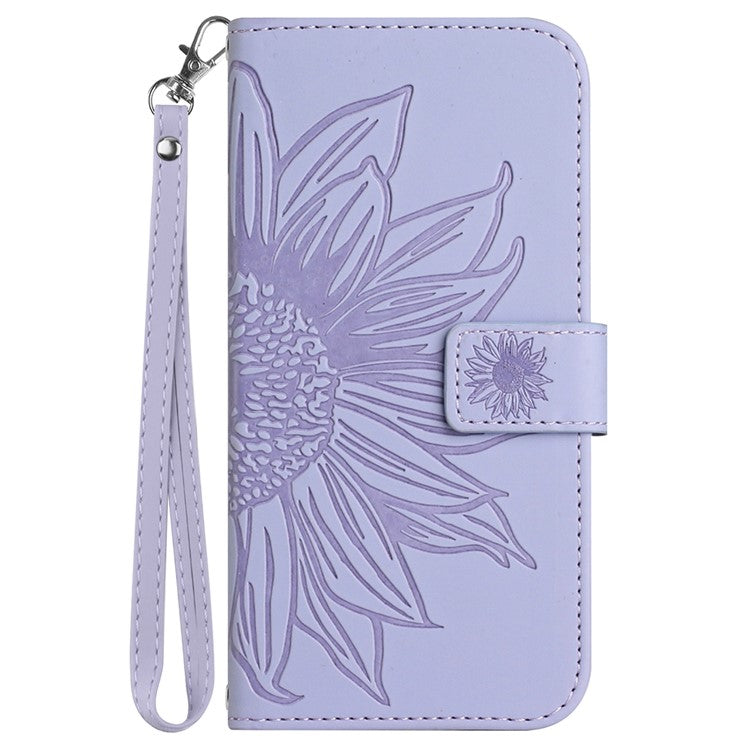 HT04 Wallet Phone Case for OnePlus 12 5G PU Leather Sunflower Pattern Cover with Wrist Strap - Light Purple