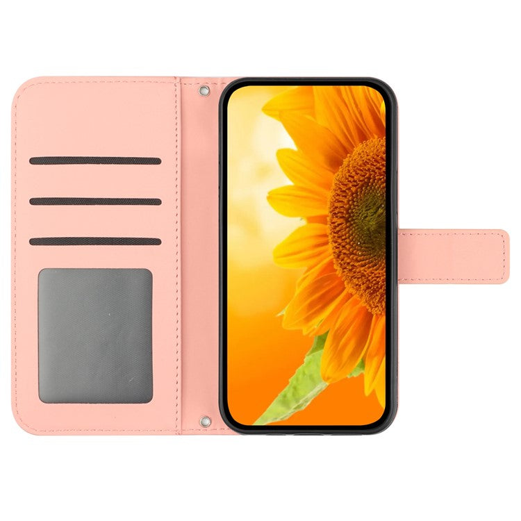 HT04 Wallet Phone Case for OnePlus 12 5G PU Leather Sunflower Pattern Cover with Wrist Strap - Light Pink