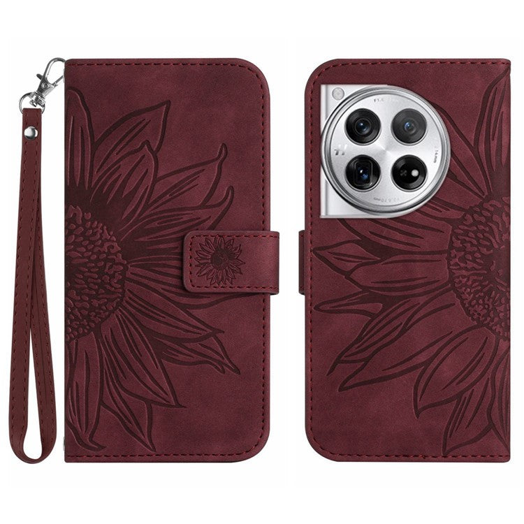 HT04 Wallet Phone Case for OnePlus 12 5G PU Leather Sunflower Pattern Cover with Wrist Strap - Wine Red